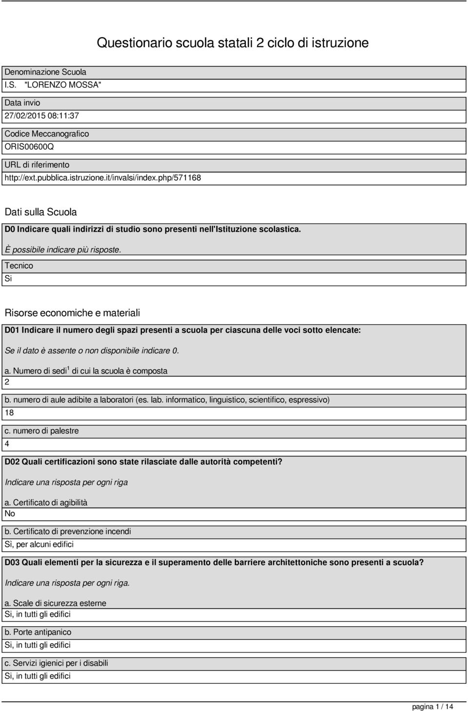 Tecnico Risorse economiche e materiali D01 Indicare il numero degli spazi presenti a scuola per ciascuna delle voci sotto elencate: a. Numero di sedi 1 di cui la scuola è composta 2 b.