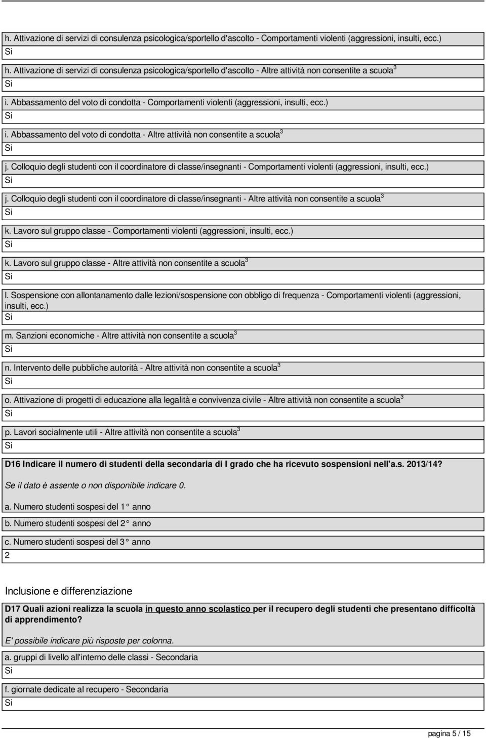 Abbassamento del voto di condotta - Comportamenti violenti (aggressioni, insulti, ecc.) i. Abbassamento del voto di condotta - Altre attività non consentite a scuola 3 j.