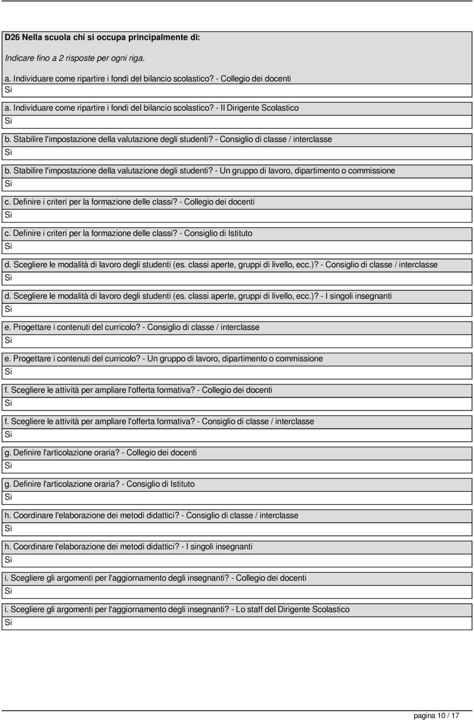 Stabilire l'impostazione della valutazione degli studenti? - Un gruppo di lavoro, dipartimento o commissione c. Definire i criteri per la formazione delle classi? - Collegio dei docenti c.