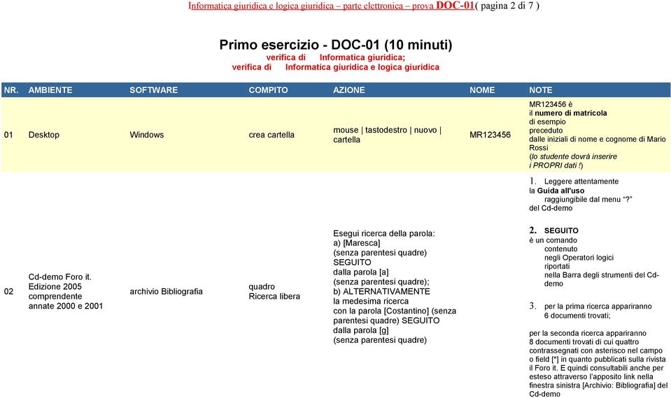 AMBIENTE SOFTWARE COMPITO AZIONE NOME NOTE 01 Desktop Windows crea cartella mouse tastodestro nuovo cartella è il numero di matricola di esempio preceduto dalle iniziali di nome e cognome di Mario