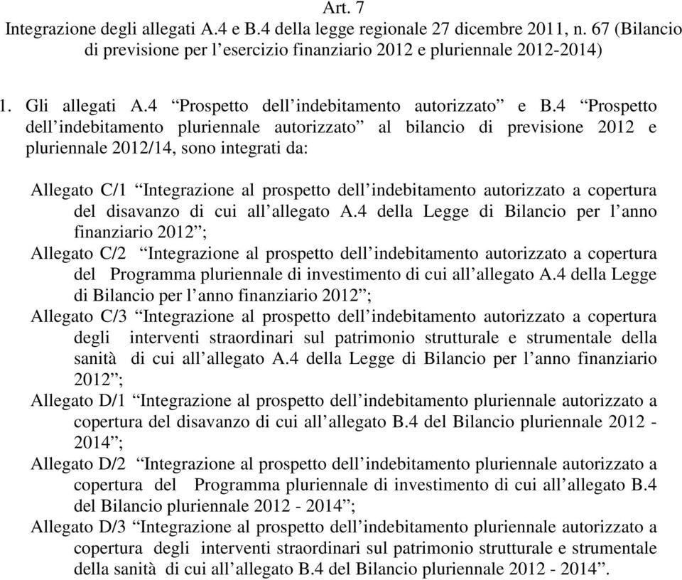 4 Prospetto dell indebitamento pluriennale autorizzato al bilancio di previsione 2012 e pluriennale 2012/14, sono integrati da: Allegato C/1 Integrazione al prospetto dell indebitamento autorizzato a