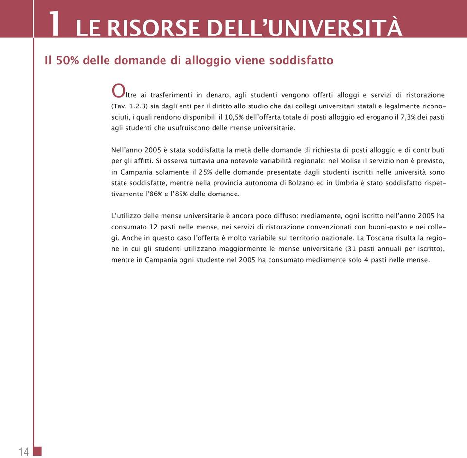 7,3% dei pasti agli studenti che usufruiscono delle mense universitarie. Nell anno 2005 è stata soddisfatta la metà delle domande di richiesta di posti alloggio e di contributi per gli affitti.