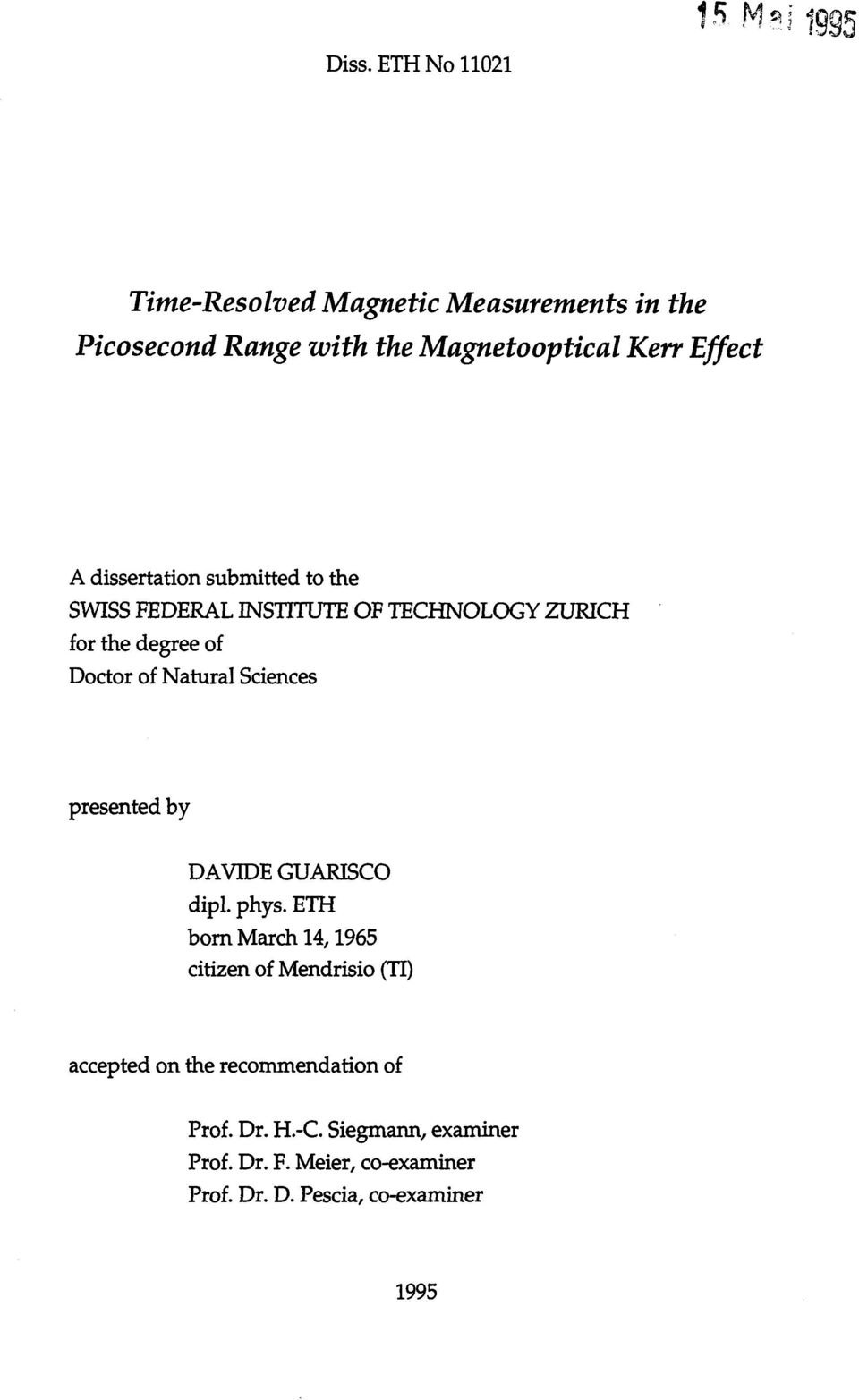 dissertation submitted to the SWISS FEDERAL INSTITUTE OF TECHNOLOGY ZURICH for the degree of Doctor of Natural