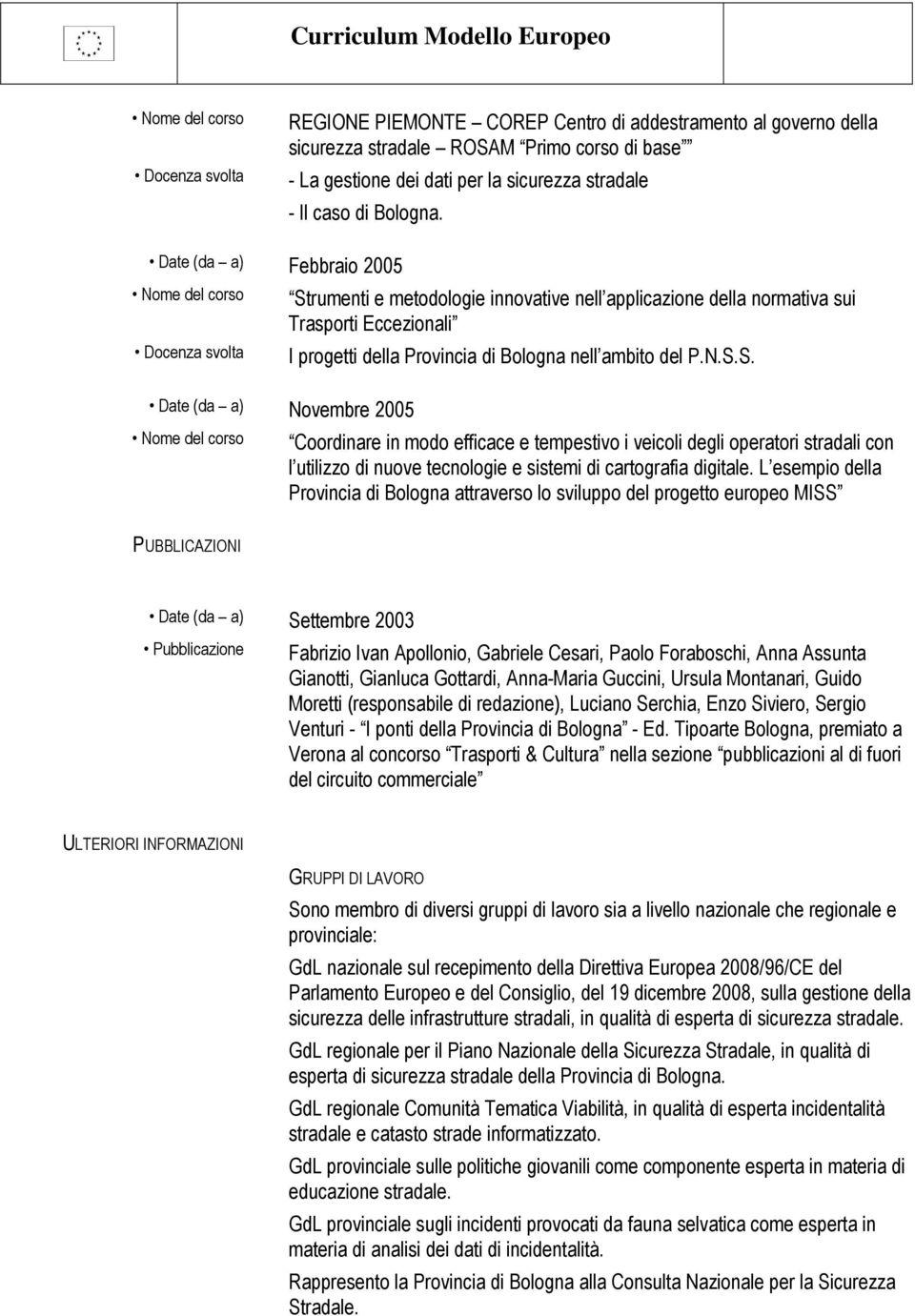 Date (da a) Febbraio 2005 Nome del corso Docenza svolta Strumenti e metodologie innovative nell applicazione della normativa sui Trasporti Eccezionali I progetti della Provincia di Bologna nell