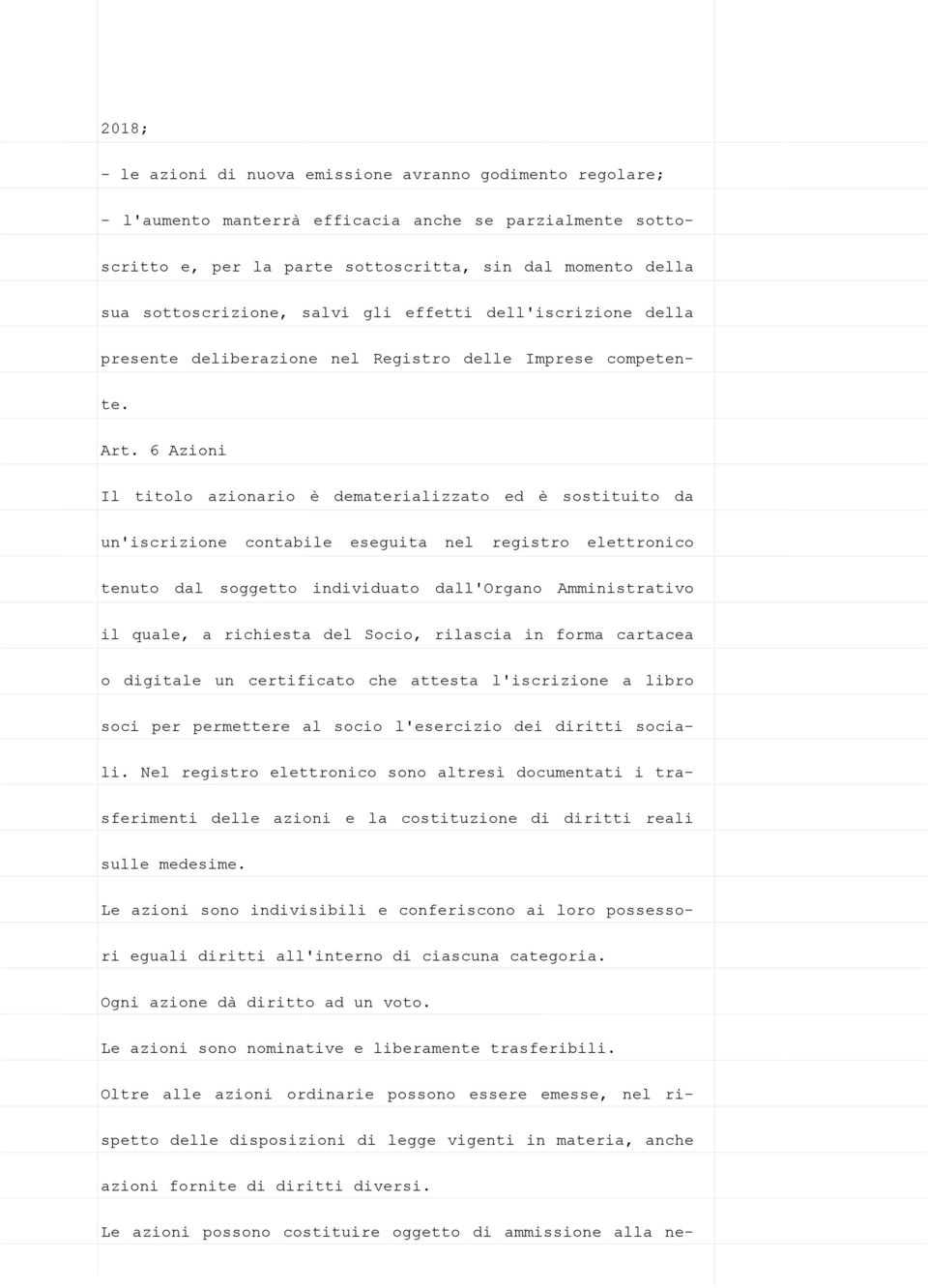 6 Azioni Il titolo azionario è dematerializzato ed è sostituito da un'iscrizione contabile eseguita nel registro elettronico tenuto dal soggetto individuato dall'organo Amministrativo il quale, a