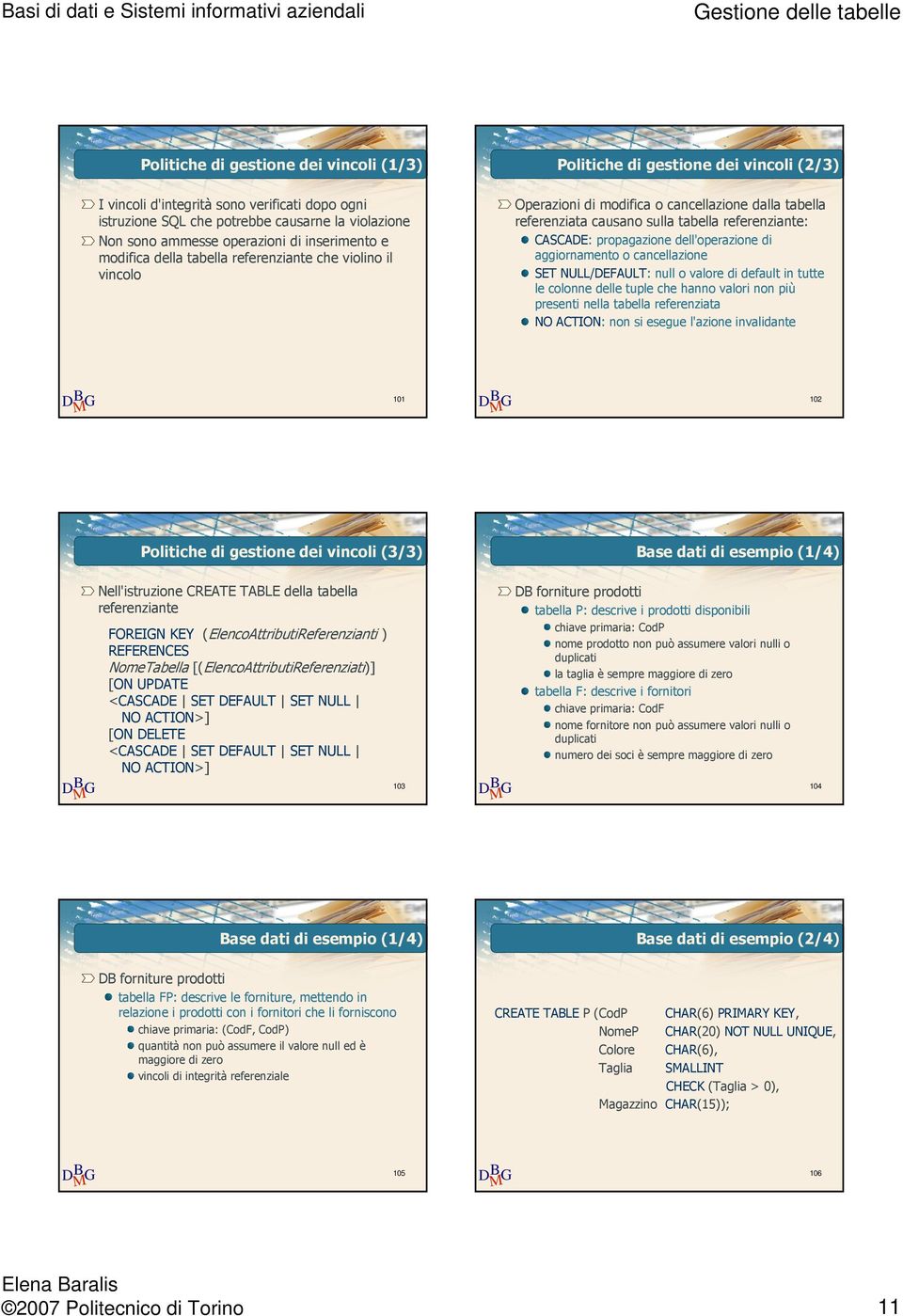 propagazione dell'operazione di aggiornamento o cancellazione SET NULL/DEAULT: null o valore di default in tutte le colonne delle tuple che hanno valori non più presenti nella tabella referenziata NO