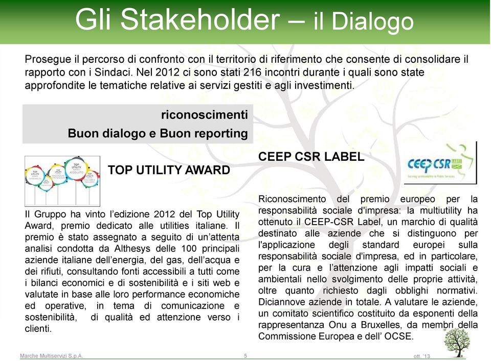 riconoscimenti Buon dialogo e Buon reporting TOP UTILITY AWARD Il Gruppo ha vinto l edizione 2012 del Top Utility Award, premio dedicato alle utilities italiane.