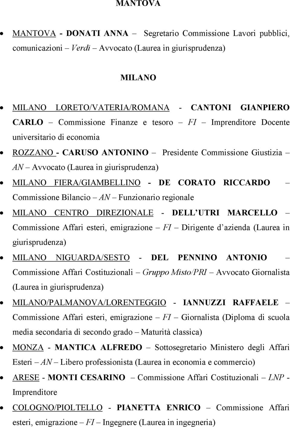 CORATO RICCARDO Commissione Bilancio AN Funzionario regionale MILANO CENTRO DIREZIONALE - DELL UTRI MARCELLO Commissione Affari esteri, emigrazione FI Dirigente d azienda (Laurea in giurisprudenza)