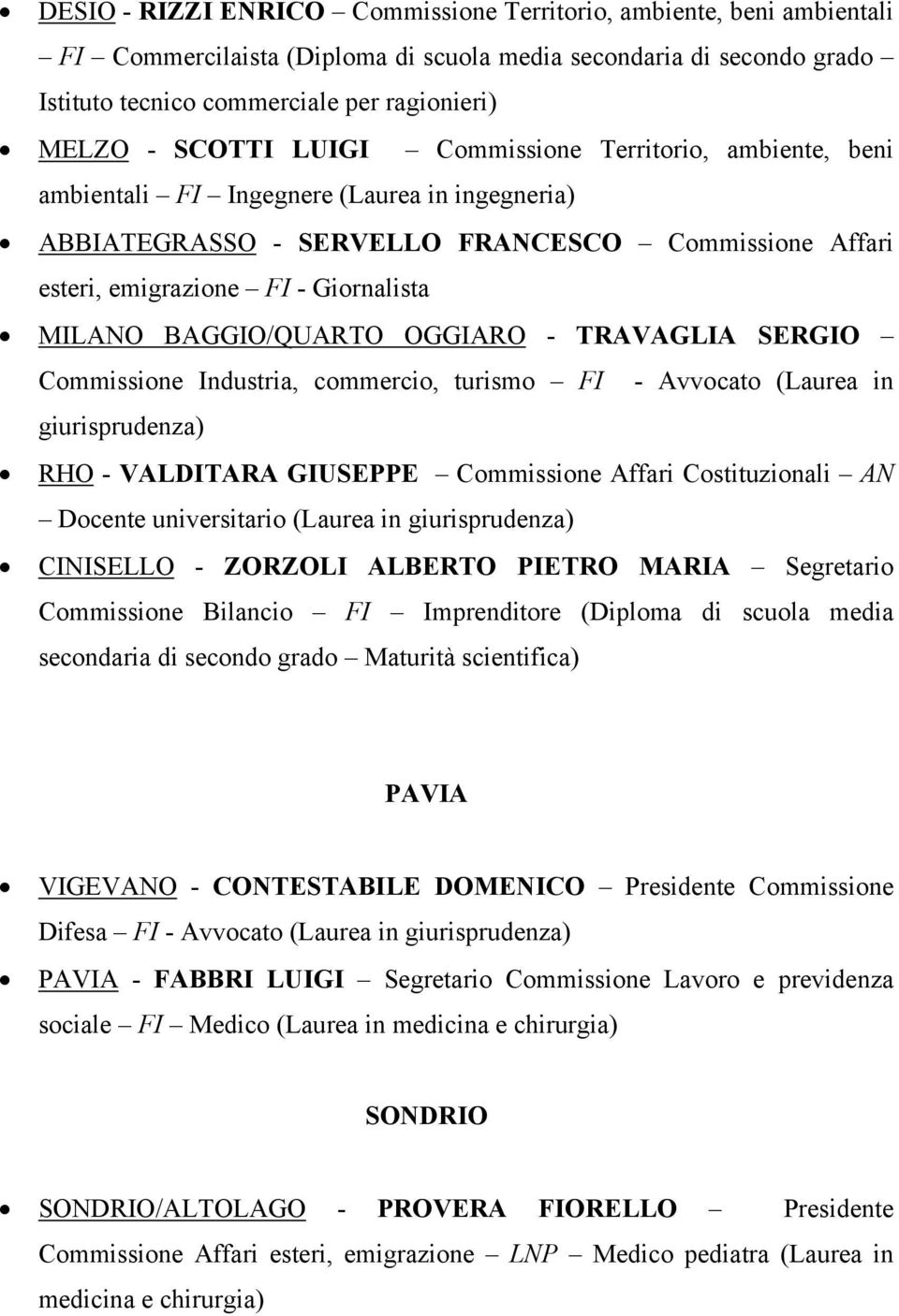 BAGGIO/QUARTO OGGIARO - TRAVAGLIA SERGIO Commissione Industria, commercio, turismo FI - Avvocato (Laurea in giurisprudenza) RHO - VALDITARA GIUSEPPE Commissione Affari Costituzionali AN Docente