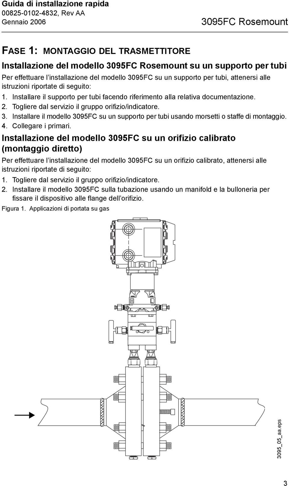 Togliere dal servizio il gruppo orifizio/indicatore. 3. Installare il modello 3095FC su un supporto per tubi usando morsetti o staffe di montaggio. 4. Collegare i primari.