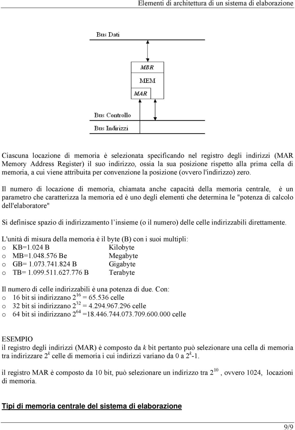 Il numero di locazione di memoria, chiamata anche capacità della memoria centrale, è un parametro che caratterizza la memoria ed è uno degli elementi che determina le "potenza di calcolo