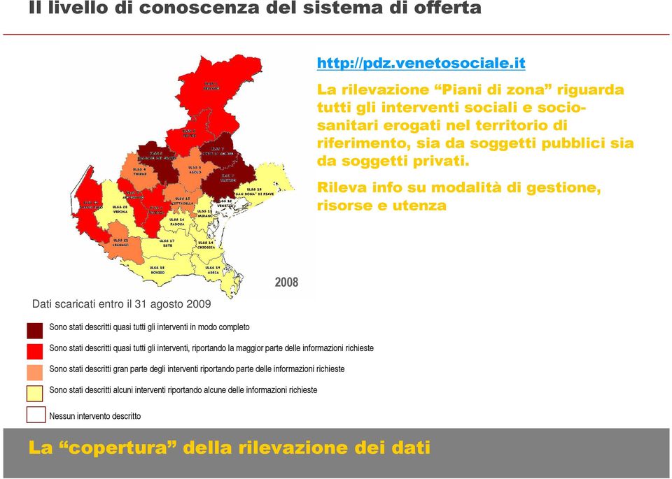 Rileva info su modalità di gestione, risorse e utenza Dati scaricati entro il 31 agosto 2009 2008 Sono stati descritti quasi tutti gli interventi in modo completo Sono stati descritti quasi