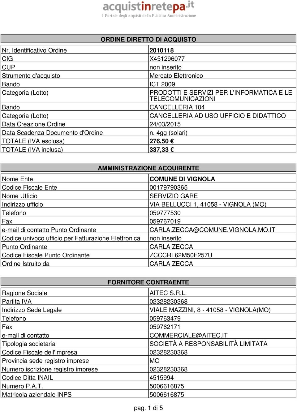 Bando CANCELLERIA 104 Categoria (Lotto) CANCELLERIA AD USO UFFICIO E DIDATTICO Data Creazione Ordine 24/03/2015 Data Scadenza Documento d'ordine n.