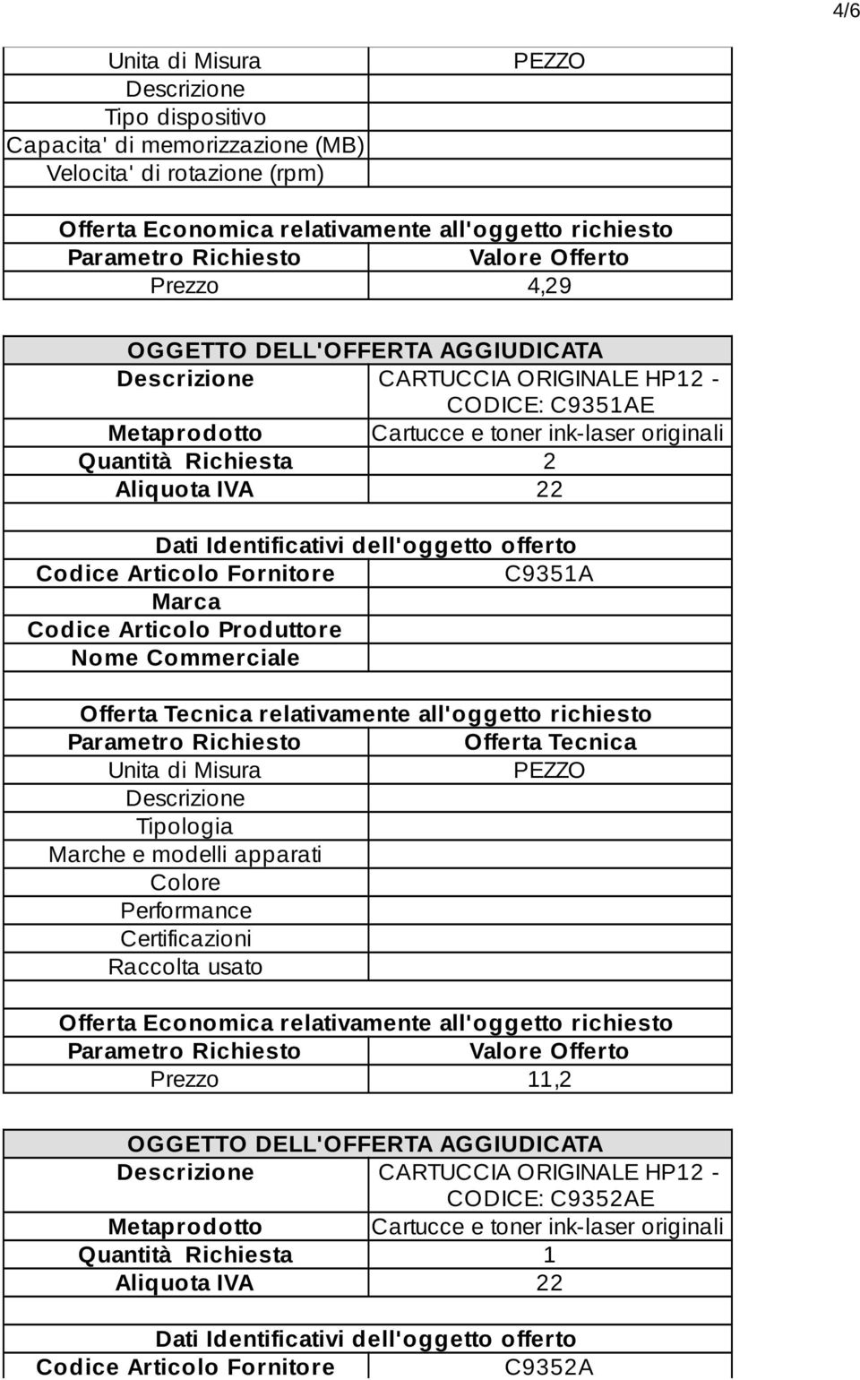 Tipologia Marche e modelli apparati Colore Performance Certificazioni Raccolta usato Prezzo 11,2 CARTUCCIA ORIGINALE HP12