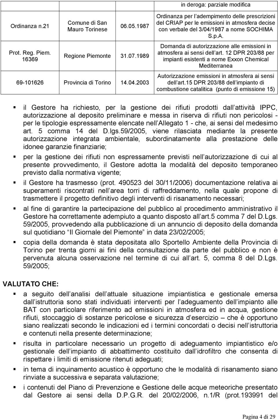 1989 Domanda di autorizzazione alle emissioni in atmosfera ai sensi dell art. 12 DPR 203/88 per impianti esistenti a nome Exxon Chemical Mediterranea 69-101626 Provincia di Torino 14.04.