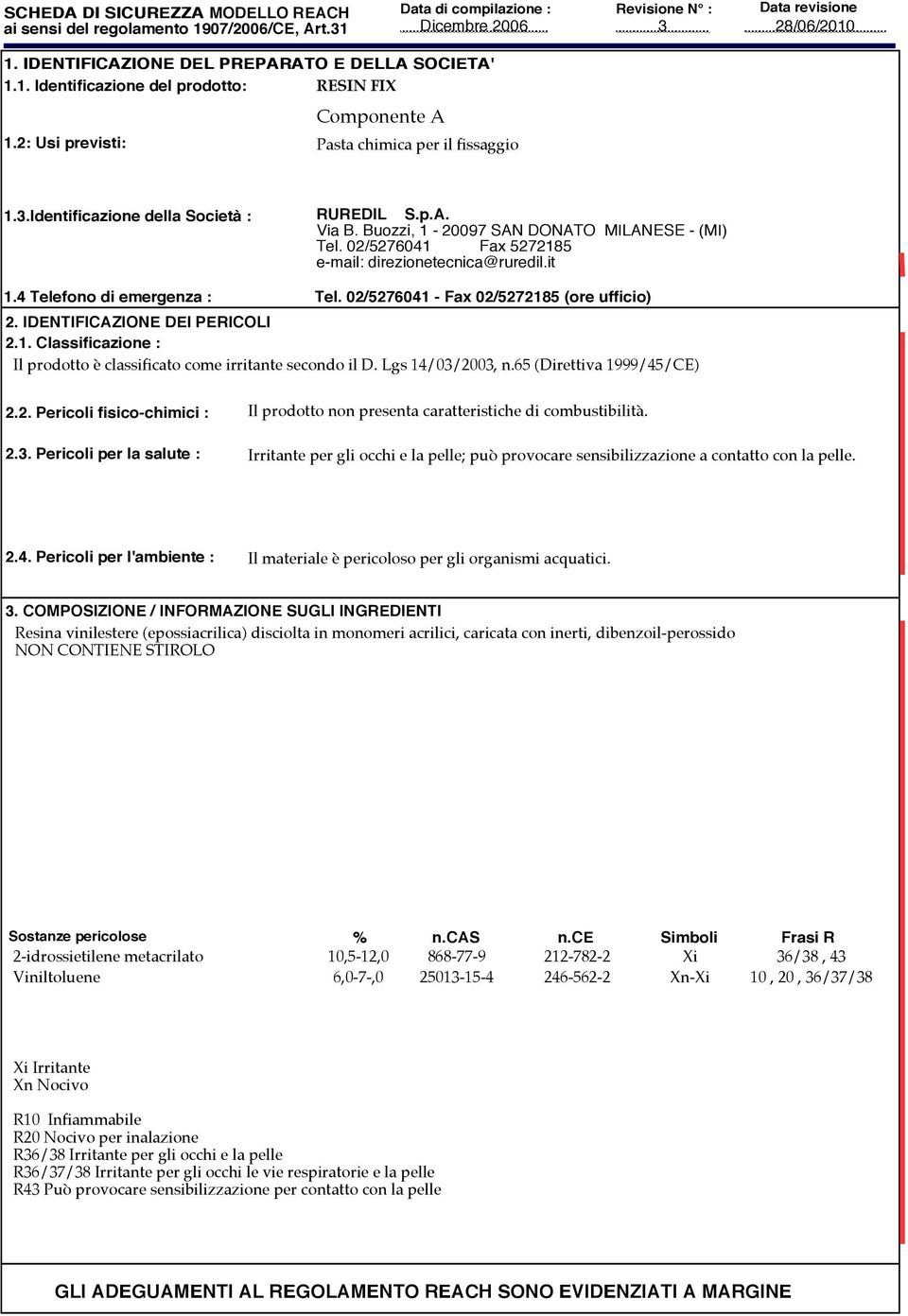 IDENTIFICAZIONE DEI PERICOLI 2.1. Classificazione : Il prodotto è classificato come irritante secondo il D. Lgs 14/03/