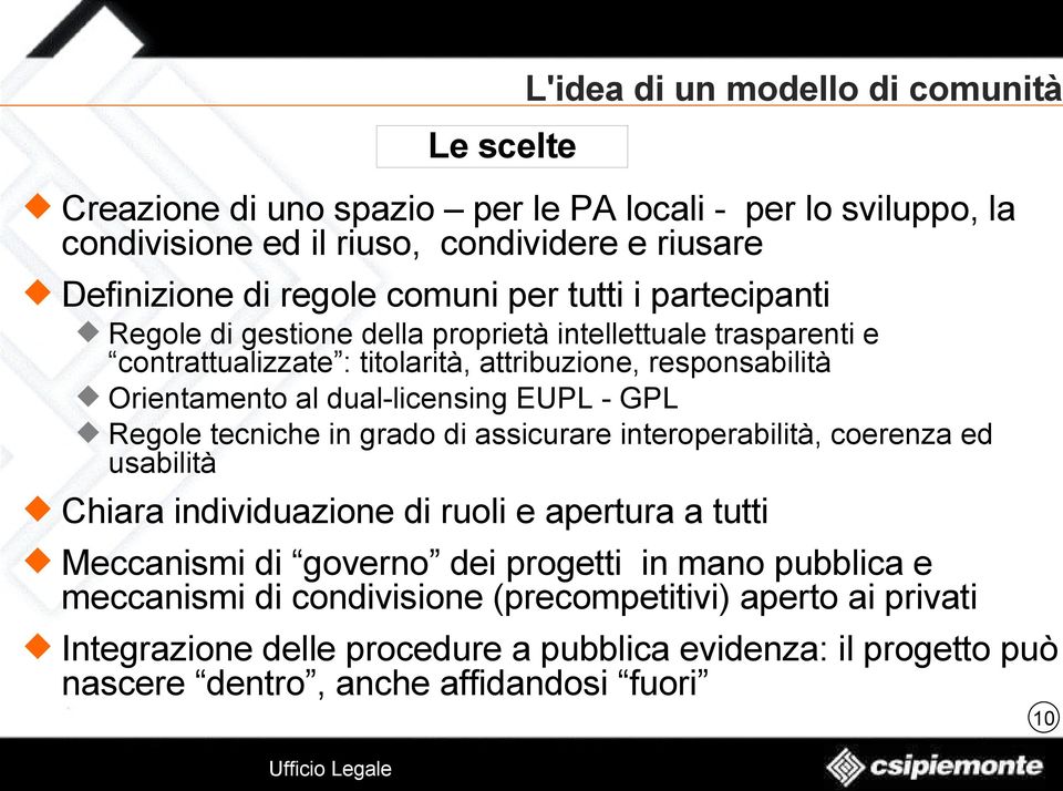 dual-licensing EUPL - GPL tecniche in grado di assicurare interoperabilità, coerenza ed usabilità Chiara individuazione di ruoli e apertura a tutti Meccanismi di governo dei