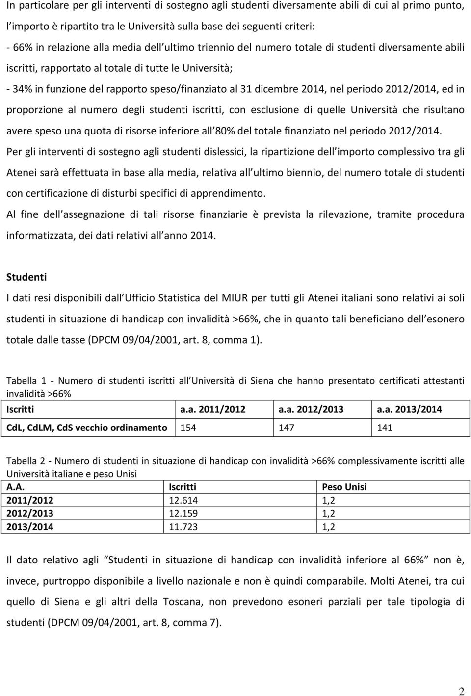 nel periodo 2012/2014, ed in proporzione al numero degli studenti iscritti, con esclusione di quelle Università che risultano avere speso una quota di risorse inferiore all 80% del totale finanziato