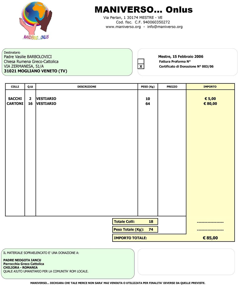 Febbraio 2006 X Certificato di Donazione N 003/06 SACCHI 2 VESTIARIO 10 5,00 CARTONI 16 VESTIARIO 64 80,00 Totale