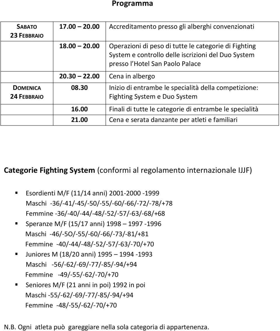 00 Operazioni di peso di tutte le categorie di Fighting System e controllo delle iscrizioni del Duo System presso l Hotel San Paolo Palace 20.30 22.00 Cena in albergo 08.