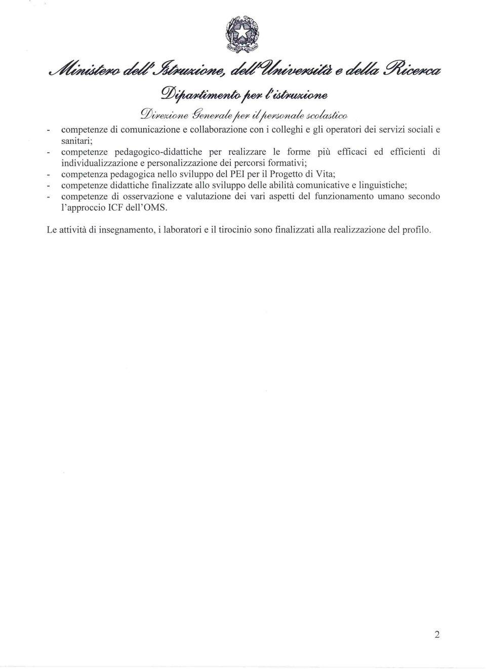 sviluppo del PEI per il Progetto di Vita; competenze didattiche finalizzate allo sviluppo delle abilità comunicative e linguistiche; competenze di osservazione e