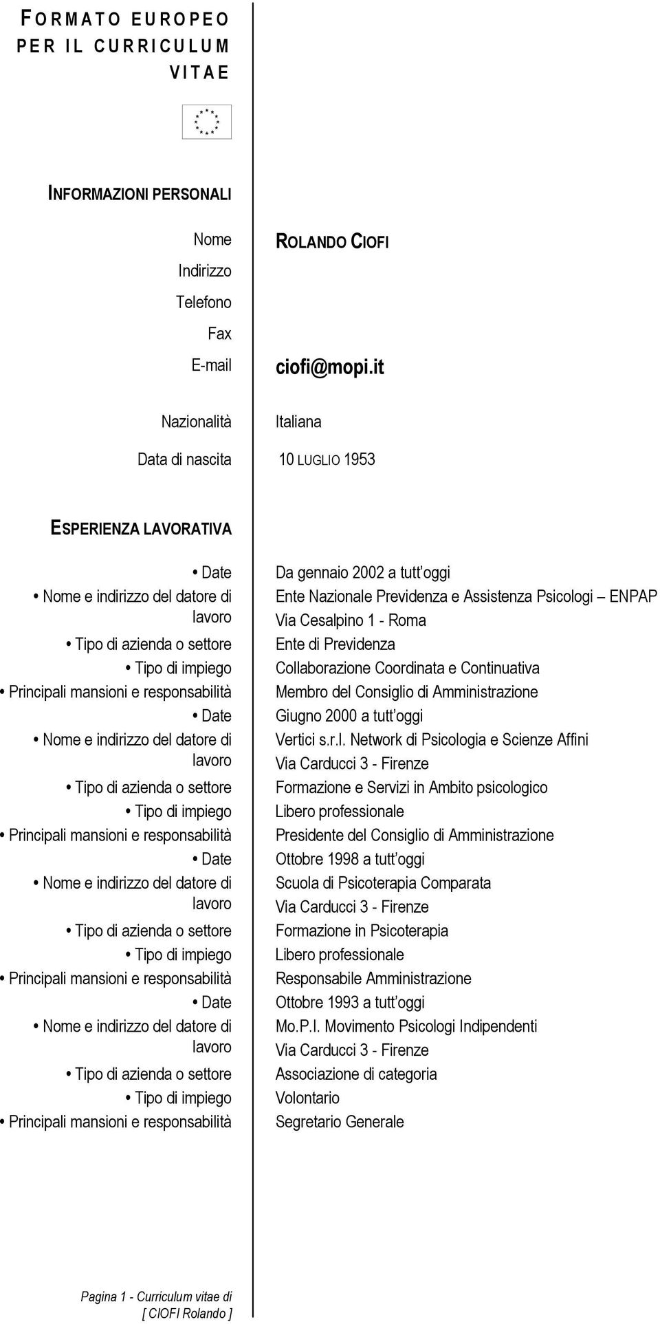 Date Nome e indirizzo del datore di lavoro Tipo di azienda o settore Tipo di impiego Principali mansioni e responsabilità Date Nome e indirizzo del datore di lavoro Tipo di azienda o settore Tipo di