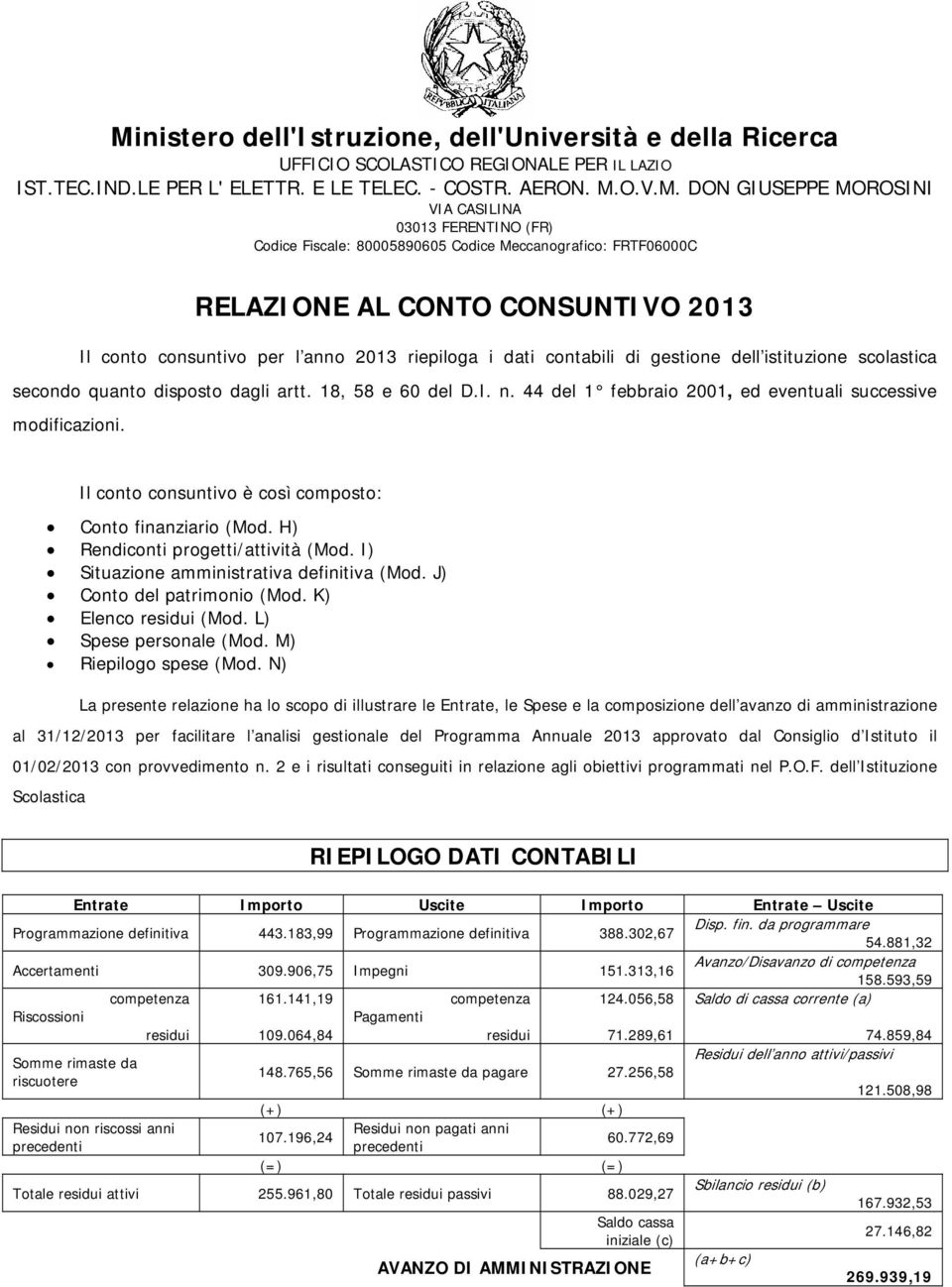 gestione dell istituzione scolastica secondo quanto disposto dagli artt. 18, 58 e 60 del D.I. n. 44 del 1 febbraio 2001, ed eventuali successive modificazioni.