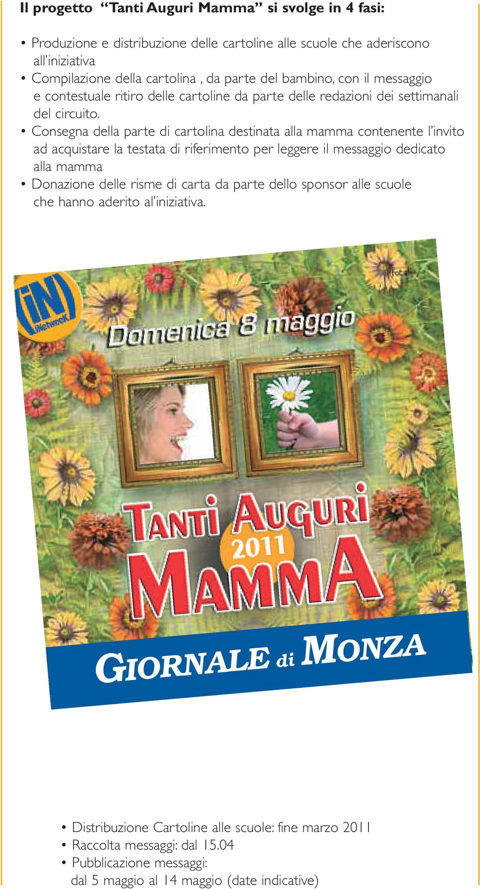 Consegna della parte di cartolina destinata alla mamma contenente l invito ad acquistare la testata di riferimento per leggere il messaggio dedicato alla mamma Donazione delle