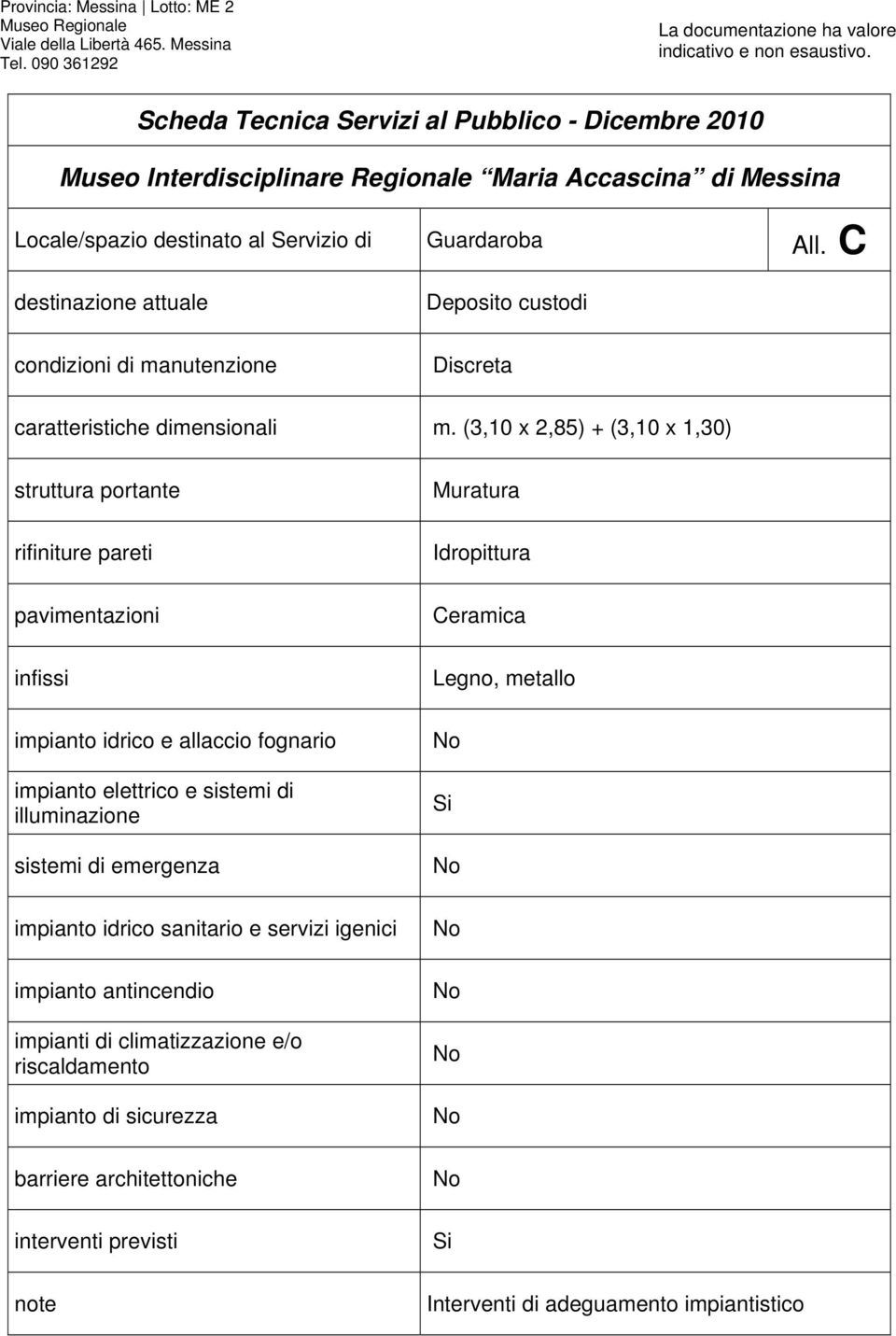 (3,10 x 2,85) + (3,10 x 1,30) struttura portante rifiniture pareti pavimentazioni infissi impianto idrico e allaccio fognario impianto elettrico e sistemi di illuminazione sistemi di