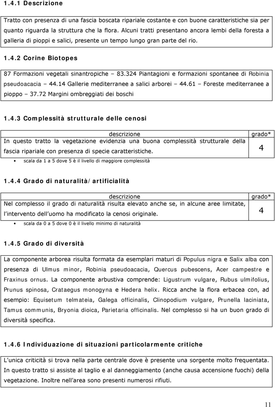 324 Piantagioni e formazioni spontanee di Robinia pseudoacacia 44.14 Gallerie mediterranee a salici arborei 44.61 Foreste mediterranee a pioppo 37.72 Margini ombreggiati dei boschi 1.4.3 Complessità strutturale delle cenosi descrizione grado* In questo tratto la vegetazione evidenzia una buona complessità strutturale della fascia ripariale con presenza di specie caratteristiche.