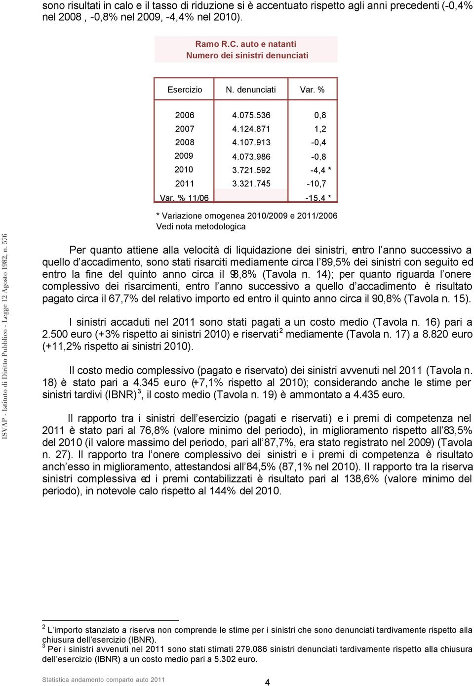 % 11/06-15,4 * * Variazione omogenea 2010/2009 e 2011/2006 Vedi nota metodologica Per quanto attiene alla velocità di liquidazione dei sinistri, entro l anno a quello d accadimento, sono stati