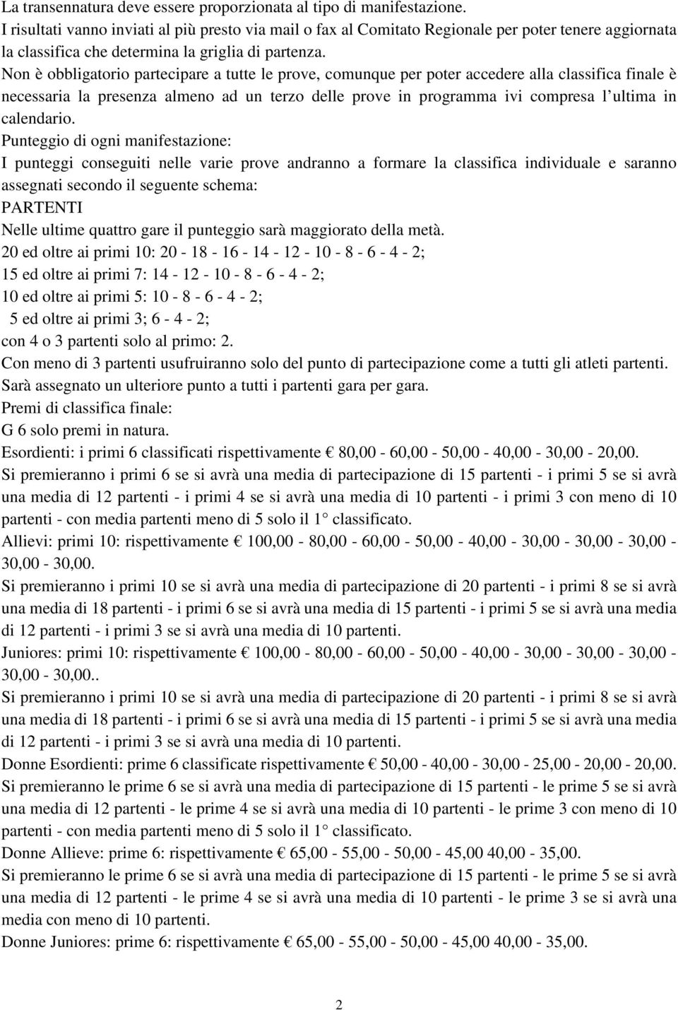 Non è obbligatorio partecipare a tutte le prove, comunque per poter accedere alla classifica finale è necessaria la presenza almeno ad un terzo delle prove in programma ivi compresa l ultima in