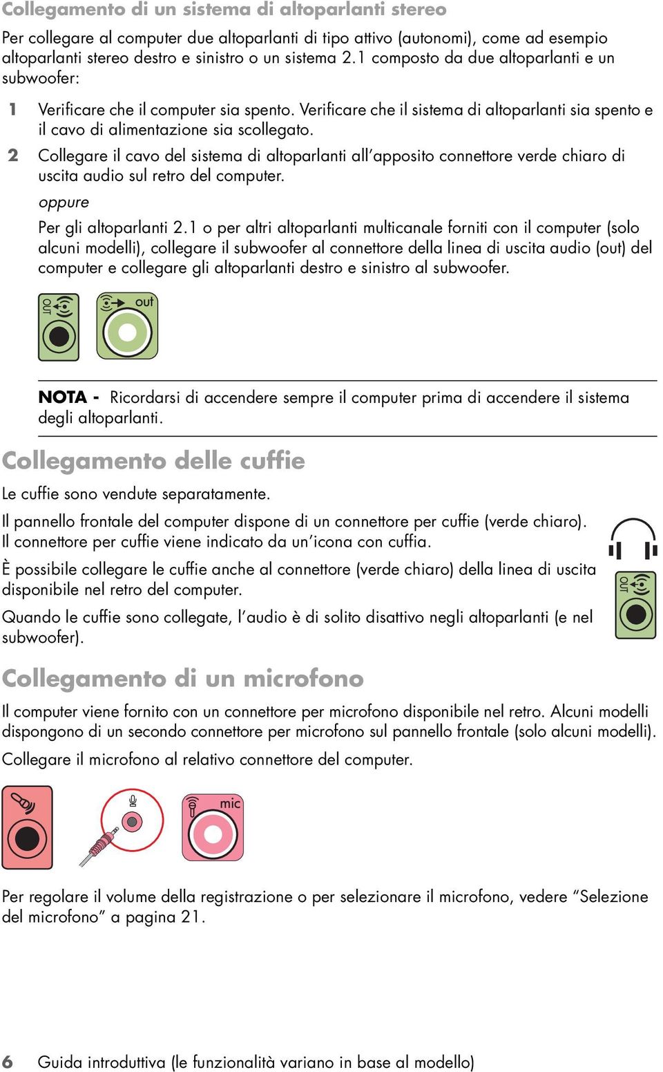 2 Collegare il cavo del sistema di altoparlanti all apposito connettore verde chiaro di uscita audio sul retro del computer. oppure Per gli altoparlanti 2.