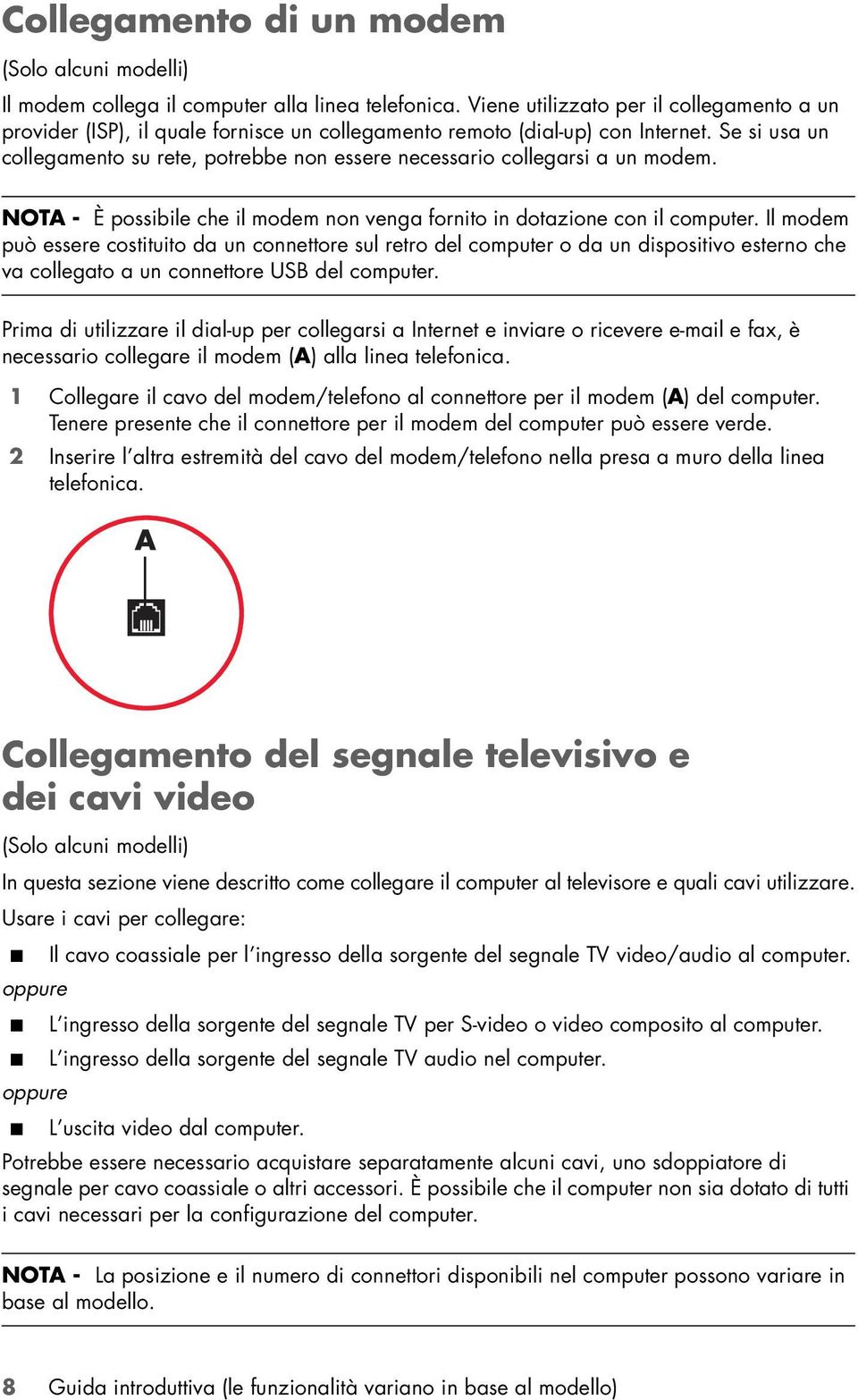 Se si usa un collegamento su rete, potrebbe non essere necessario collegarsi a un modem. NOTA - È possibile che il modem non venga fornito in dotazione con il computer.