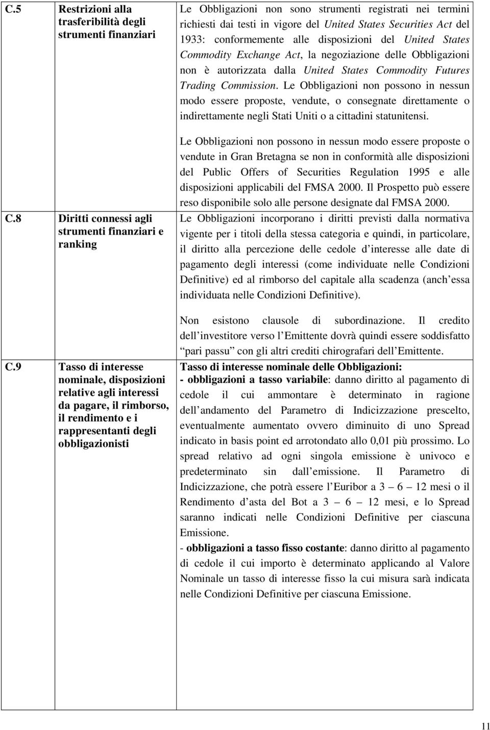 termini richiesti dai testi in vigore del United States Securities Act del 1933: conformemente alle disposizioni del United States Commodity Exchange Act, la negoziazione delle Obbligazioni non è