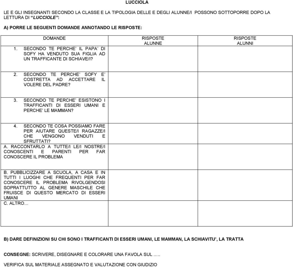 SECONDO TE COSA POSSIAMO FARE PER AIUTARE QUESTE/I RAGAZZE/I CHE VENGONO VENDUTI E SFRUTTATI? A. RACCONTARLO A TUTTE/I LE/I NOSTRE/I CONOSCENTI E PARENTI PER FAR CONOSCERE IL PROBLEMA B.