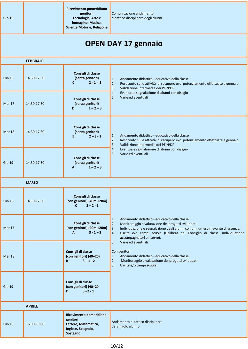 Validazione intermedia dei PEI/PDP 4. Eventuale segnalazione di alunni con disagio 5. Varie ed eventuali Mer 18 14.30-17.30 Gio 19 14.30-17.30 B 2 3-1 1.