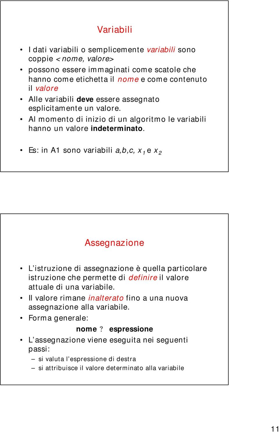 Es: in A1 sono variabili a,b,c, x 1 e x 2 Assegnazione L istruzione di assegnazione è quella particolare istruzione che permette di definire il valore attuale di una variabile.