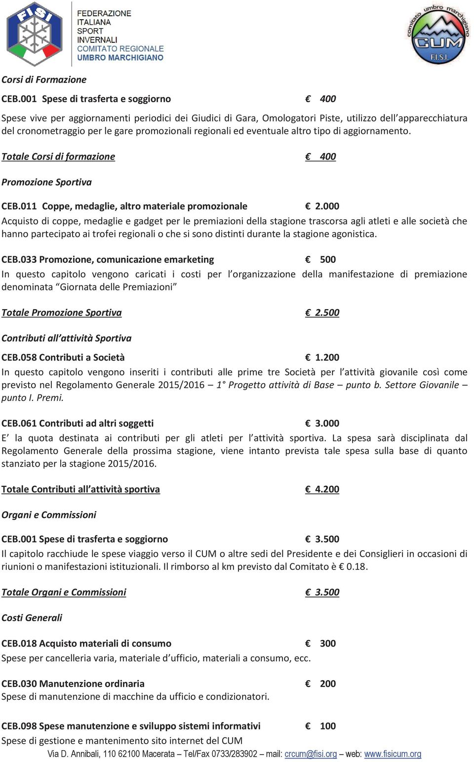 regionali ed eventuale altro tipo di aggiornamento. Totale Corsi di formazione 400 Promozione Sportiva CEB.011 Coppe, medaglie, altro materiale promozionale 2.