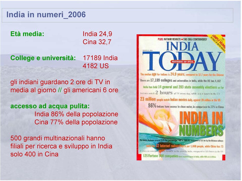 ore accesso ad acqua pulita: India 86% della popolazione Cina 77% della popolazione