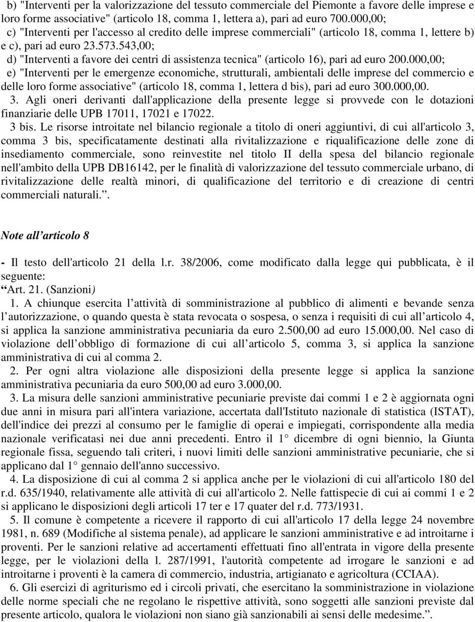 543,00; d) "Interventi a favore dei centri di assistenza tecnica" (articolo 16), pari ad euro 200.