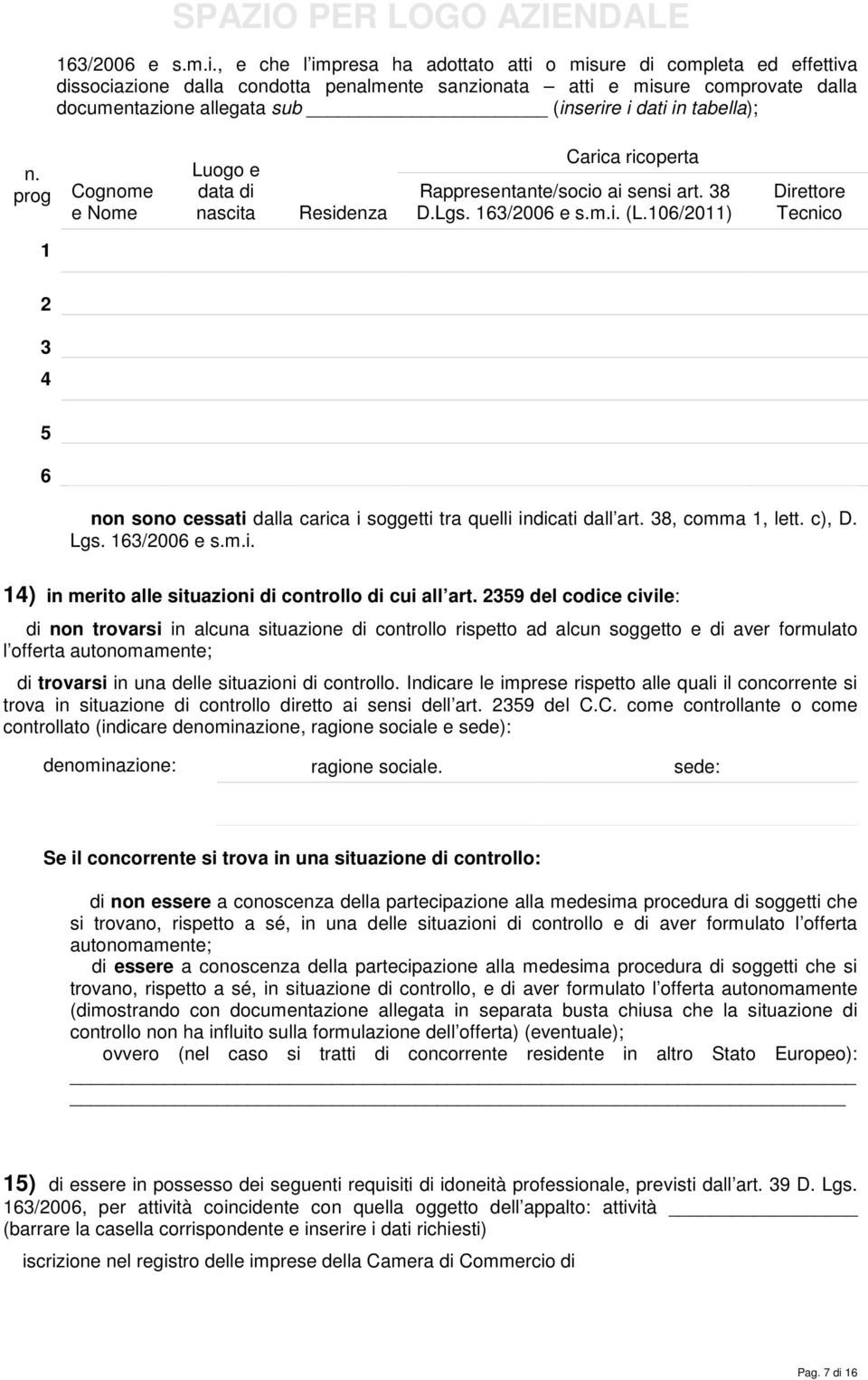 tabella); n. prog Cognome e Nome Luogo e data di nascita Residenza Carica ricoperta Rappresentante/socio ai sensi art. 38 D.Lgs.  (L.