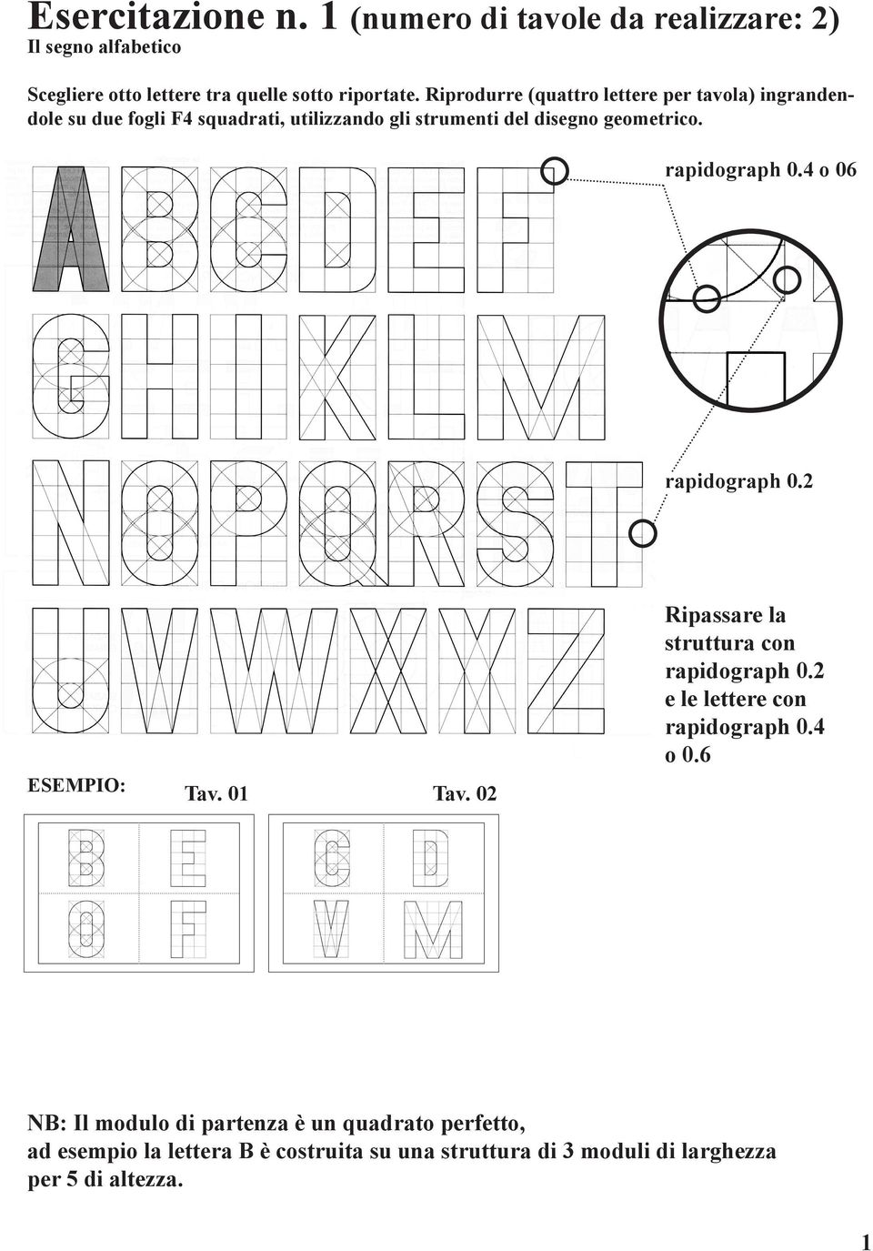 rapidograph 0.4 o 06 rapidograph 0.2 esempio: Tav. 01 Tav. 02 Ripassare la struttura con rapidograph 0.2 e le lettere con rapidograph 0.