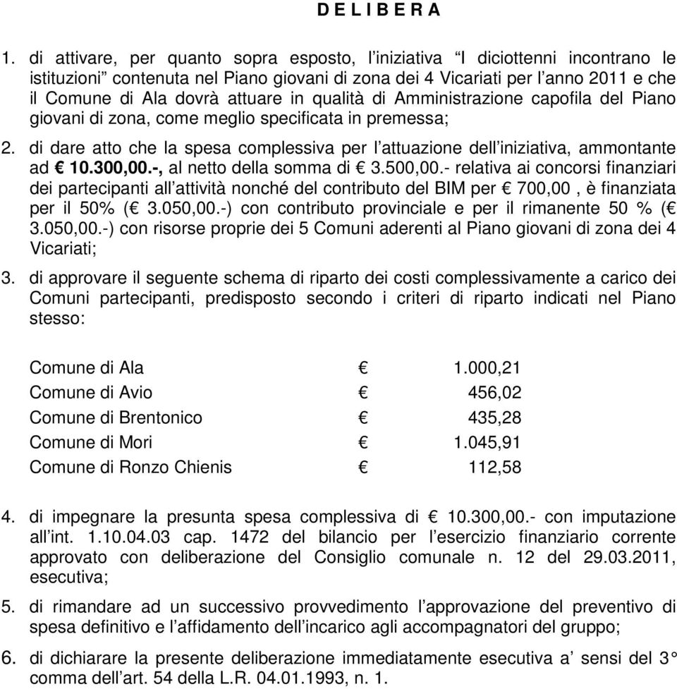 qualità di Amministrazione capofila del Piano giovani di zona, come meglio specificata in premessa; 2. di dare atto che la spesa complessiva per l attuazione dell iniziativa, ammontante ad 10.300,00.