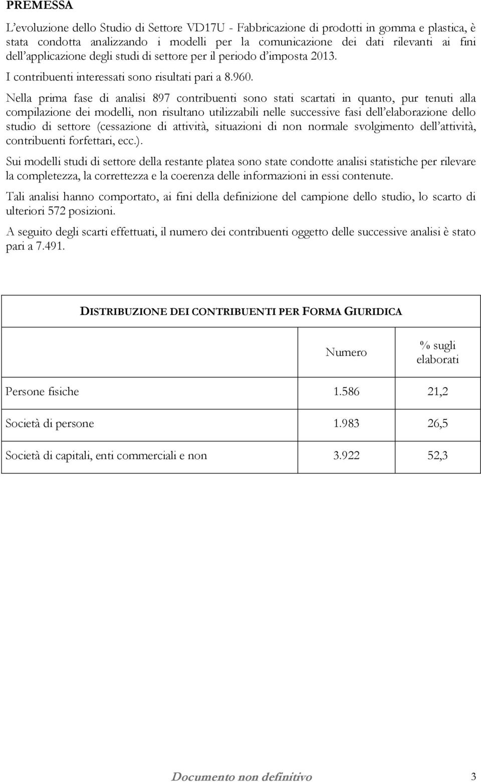 Nella prima fase di analisi 897 contribuenti sono stati scartati in quanto, pur tenuti alla compilazione dei modelli, non risultano utilizzabili nelle successive fasi dell elaborazione dello studio