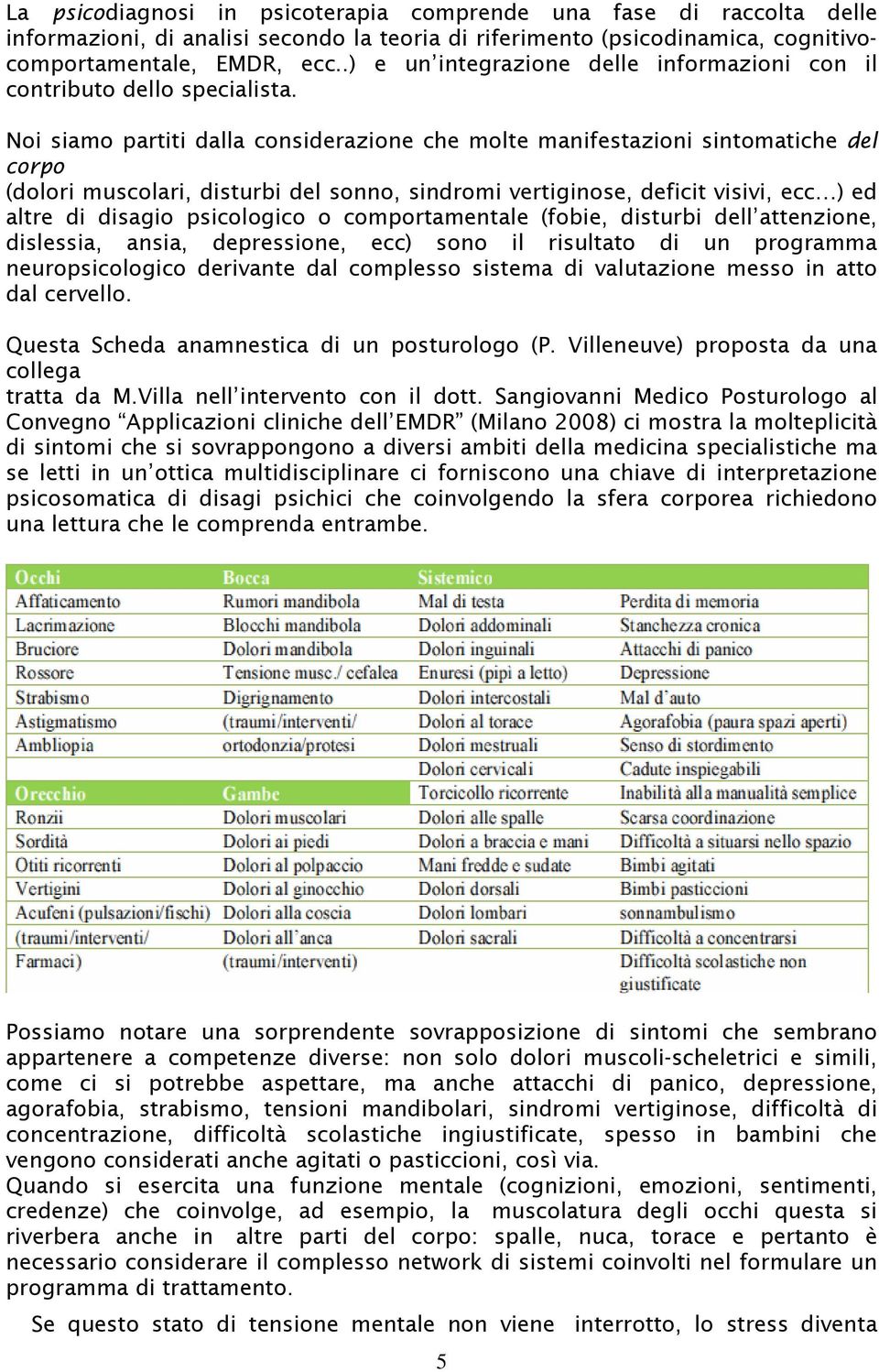 Noi siamo partiti dalla considerazione che molte manifestazioni sintomatiche del corpo (dolori muscolari, disturbi del sonno, sindromi vertiginose, deficit visivi, ecc ) ed altre di disagio