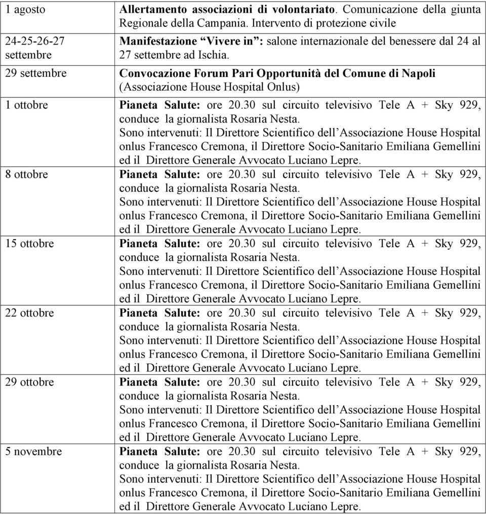 29 settembre Convocazione Forum Pari Opportunità del Comune di Napoli (Associazione House Hospital Onlus) 1 ottobre Pianeta Salute: ore 20.