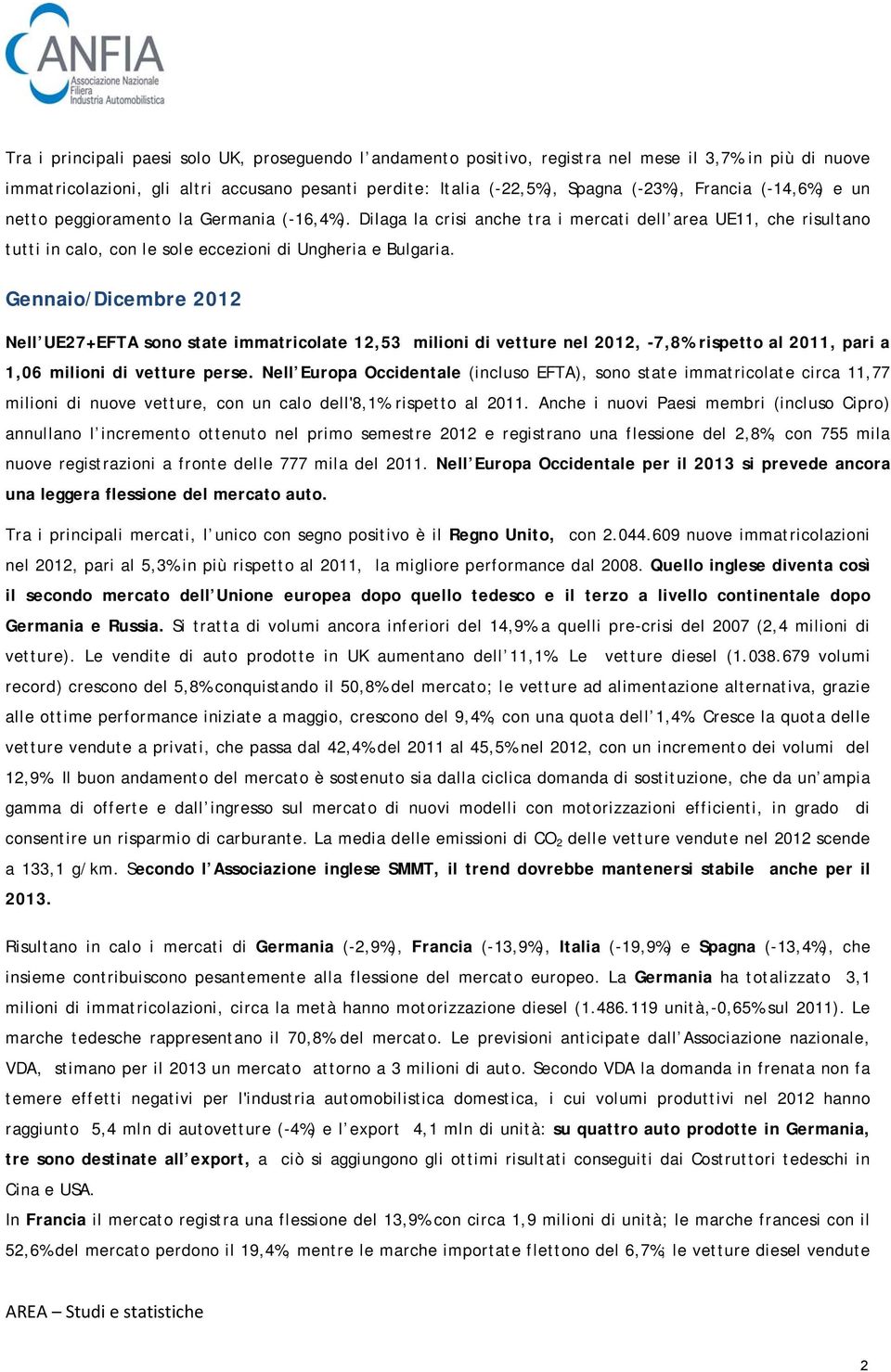 Gennaio/Dicembre 2012 Nell UE27+EFTA sono state immatricolate 12,53 milioni di vetture nel 2012, -7,8% rispetto al 2011, pari a 1,06 milioni di vetture perse.