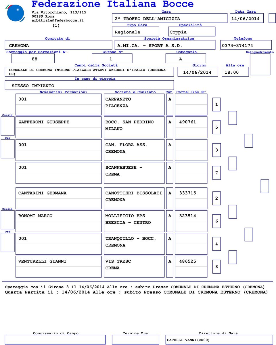 ONOMI MRO MOLLIFIIO PS 00 TRNQUILLO - O VENTURELLI GINNI VIS TRES Spareggia con il Girone Il /0/0 lle ore : subito Presso