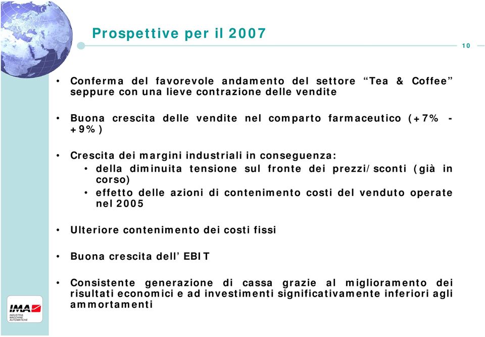 prezzi/sconti (già in corso) effetto delle azioni di contenimento costi del venduto operate nel 2005 Ulteriore contenimento dei costi fissi Buona